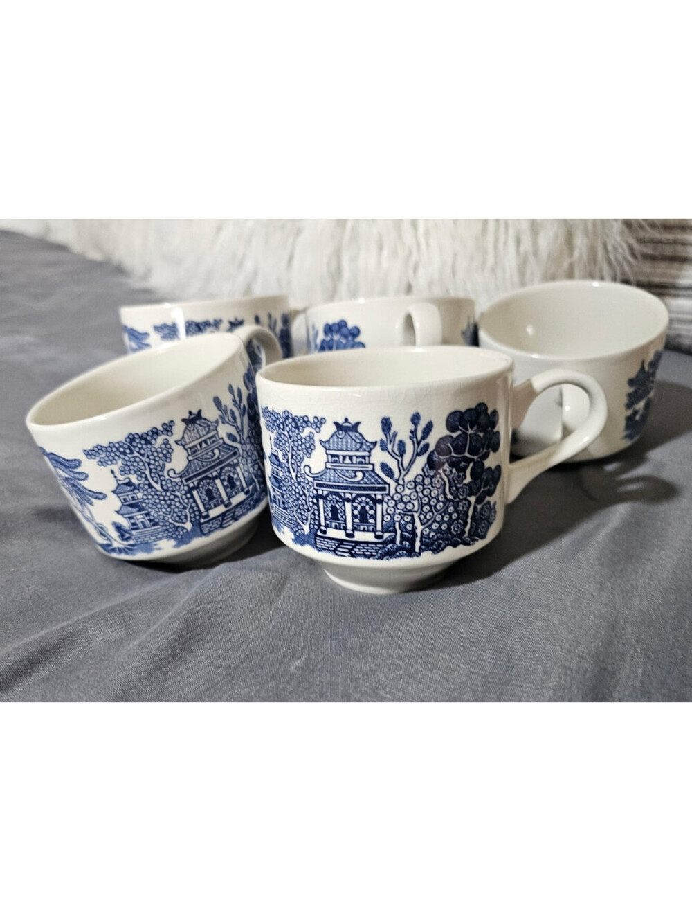 (5pc) Vintage Churchill England Blue Willow Coffee Mug Cup Tea 3" Asian Oriental